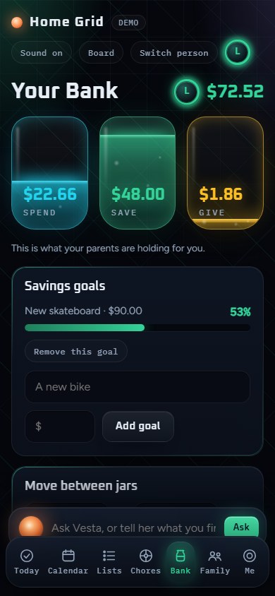 Leo's Bank, with spend, save and give jars and a savings goal
